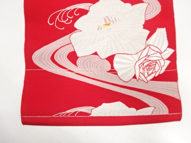  アンティーク　流水に薔薇模様織り出し　八寸帯地反物